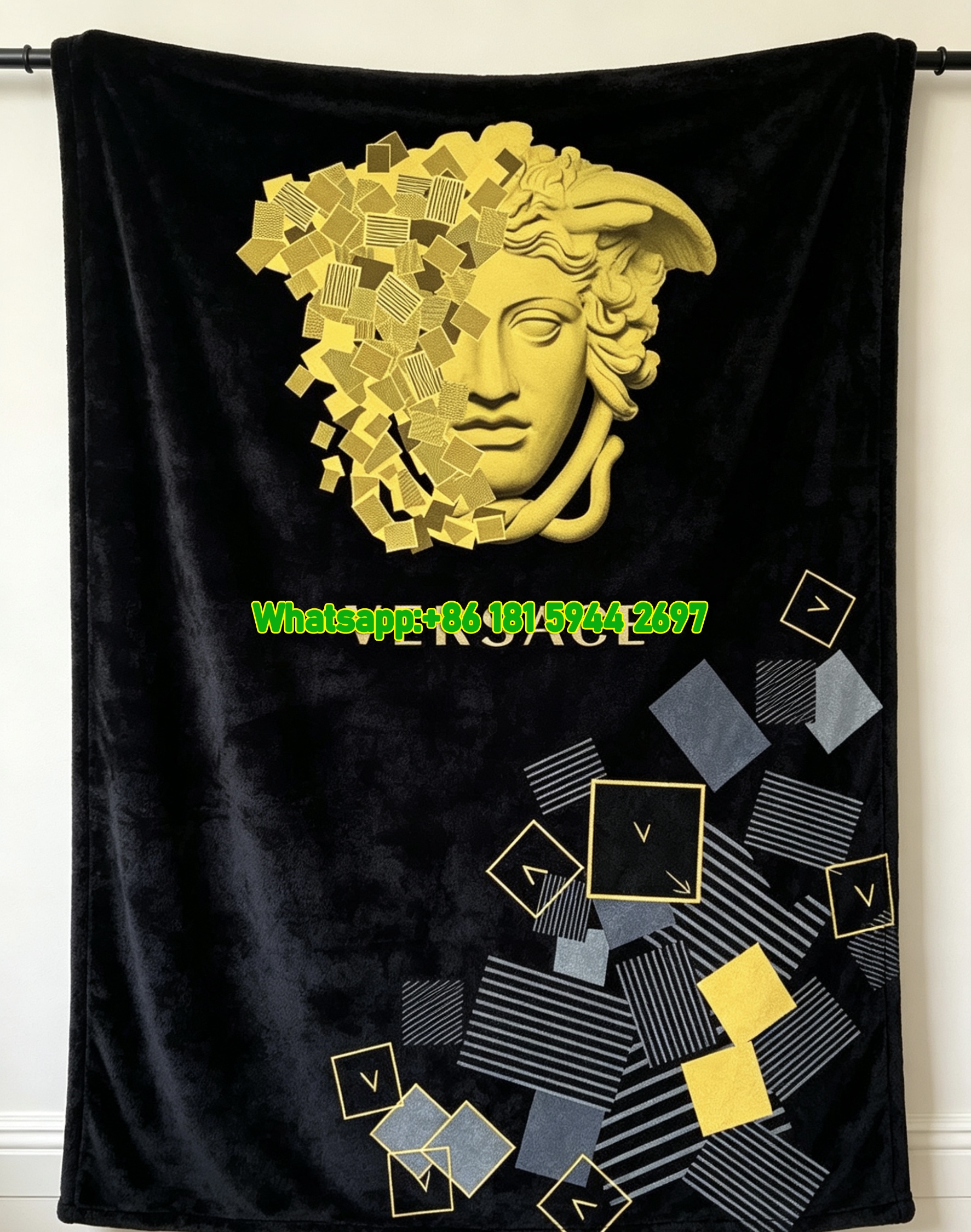 Black Yellow and Grey Versace Geometric Medusa Print Fleece Throw Blanket IMG_1366